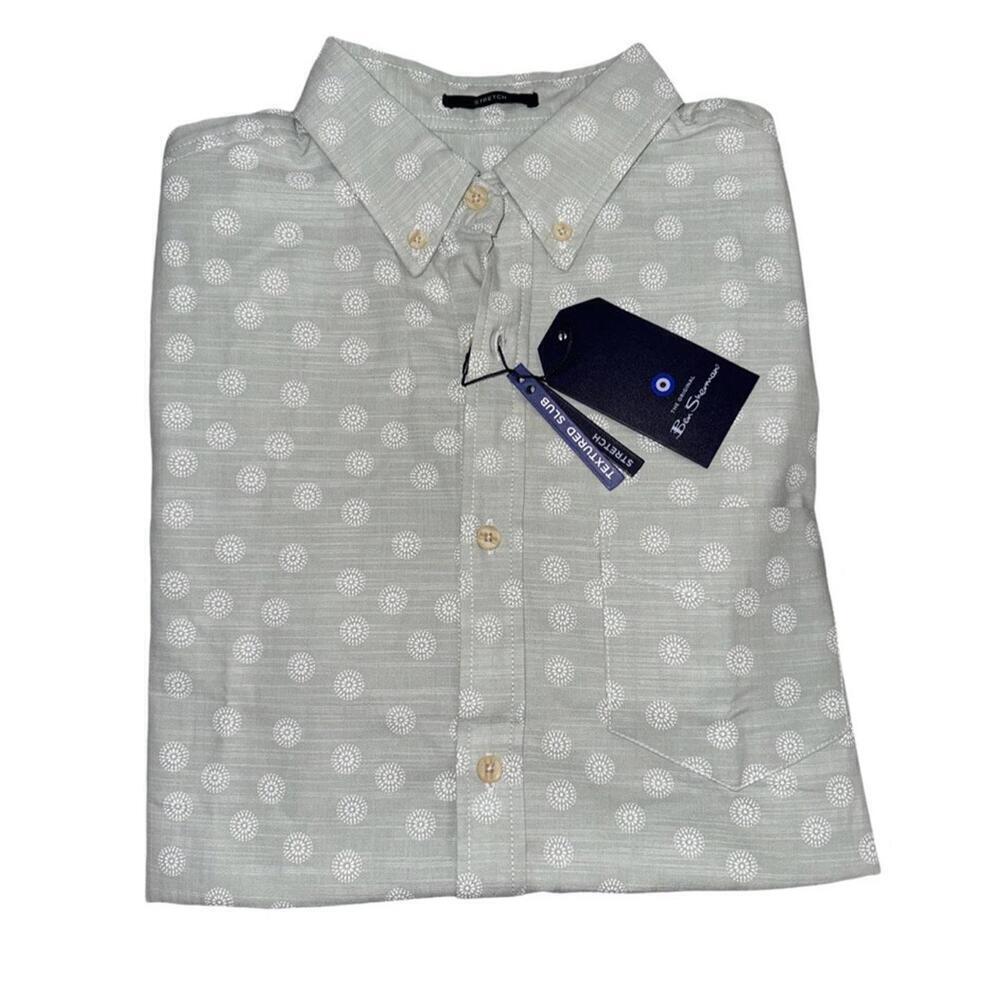 Ben Sherman Shirt Mens Small Green Dots Textured Slub Stretch Short Sleeve NWT
